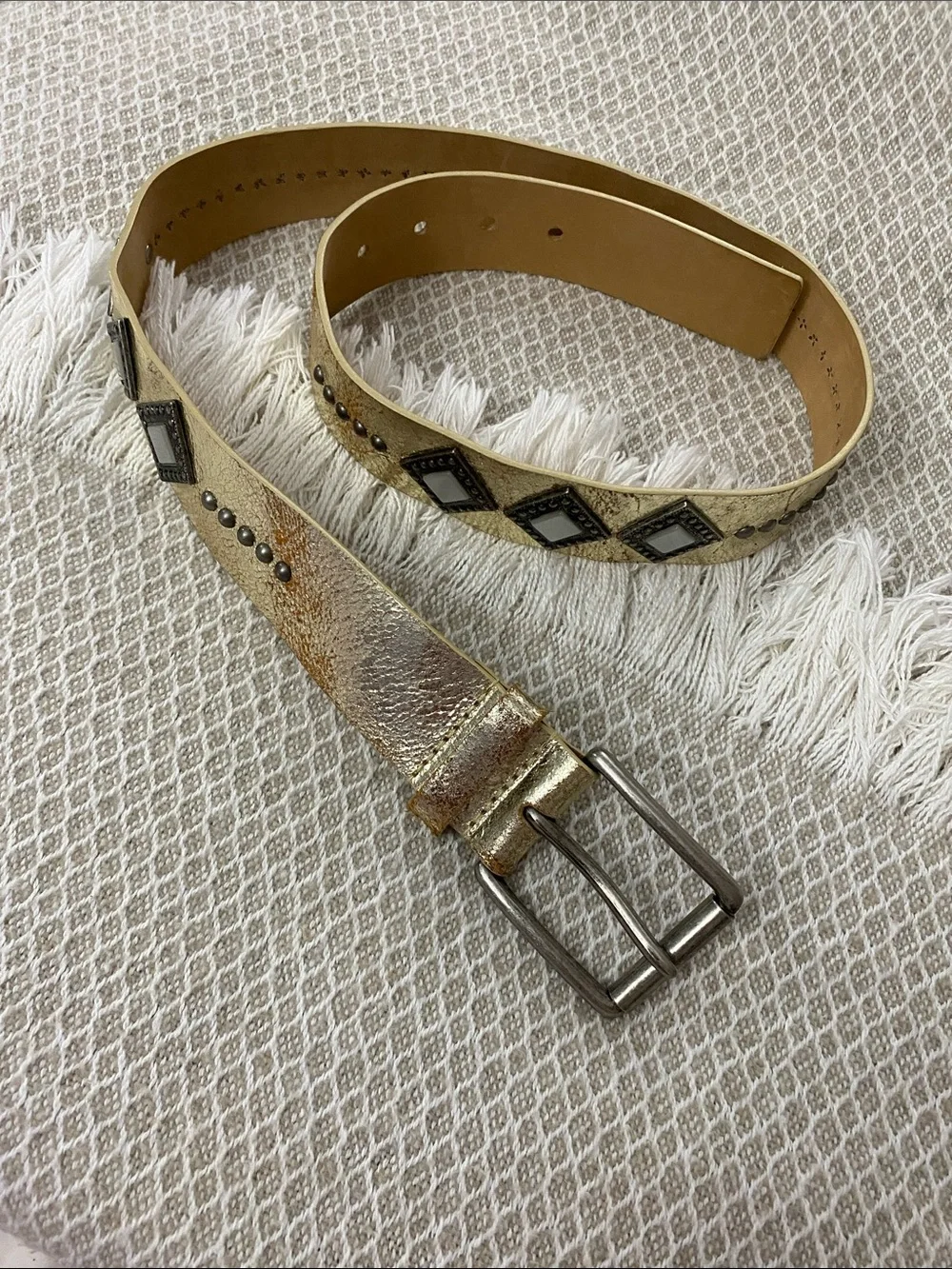 Another Line Inc. Italian Leather Metallic Gold Belt with Stud & Diamond Accents